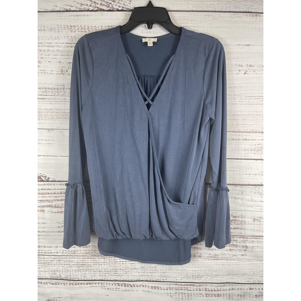 C Wrap Top Women's Medium Long Sleeve Ruffle Hem Boho Pullover Blouse